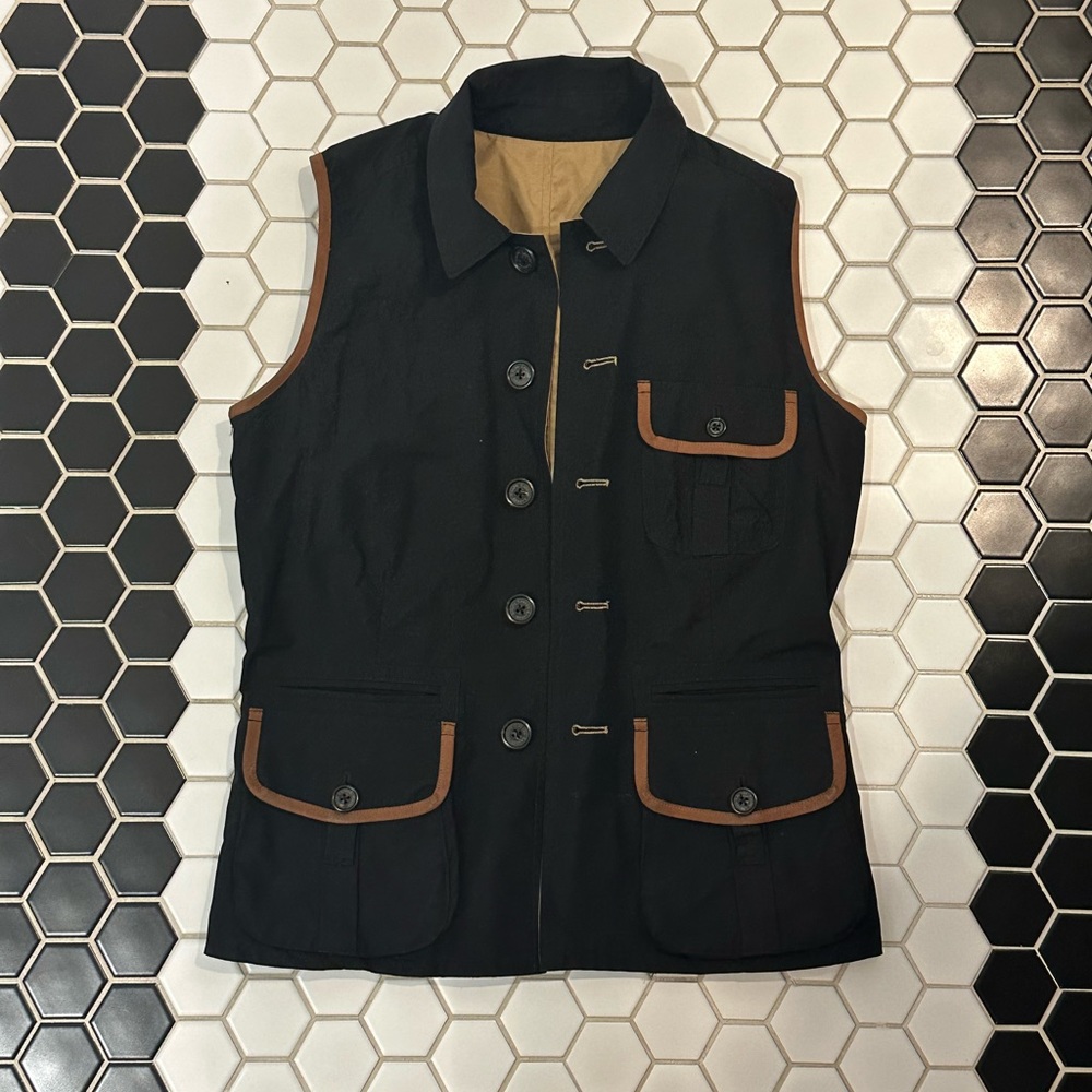 Women's Ralph Lauren Reversible Vest Safari Tangiers Black and Khaki w Leather
